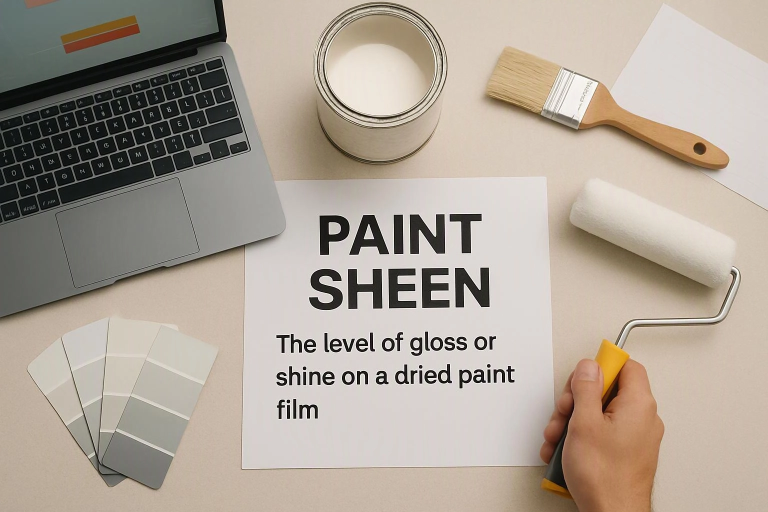 A paint planning desk shows a laptop, color swatches, a can, brush, roller, and a hand holding the roller handle