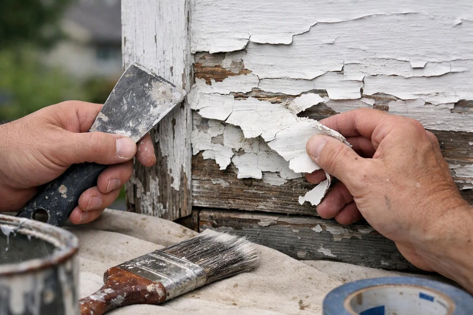 Hands scrape peeling white paint from weathered wood with a putty knife and brush on a work surface