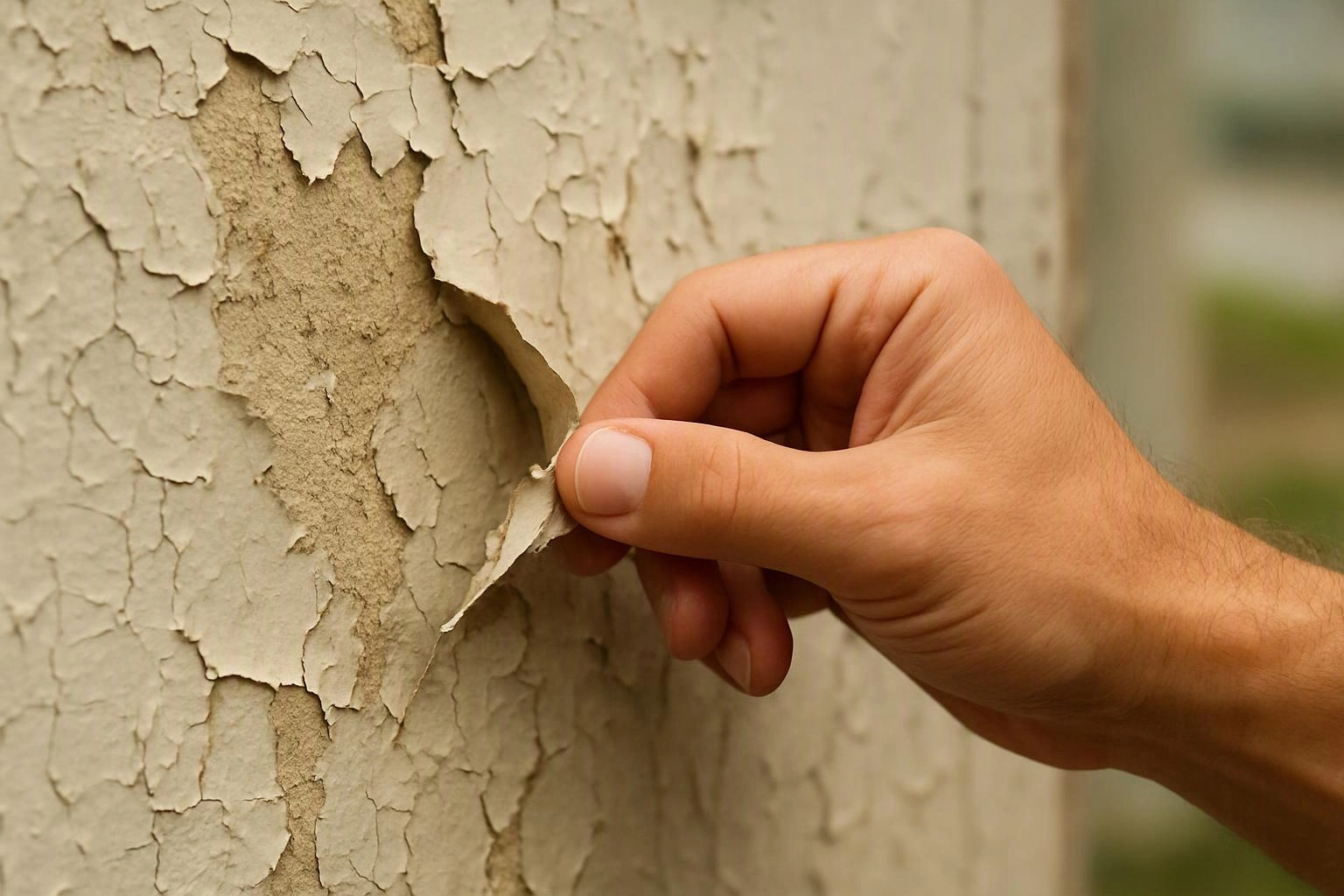 A hand peels flaking paint from a weathered wall close up
