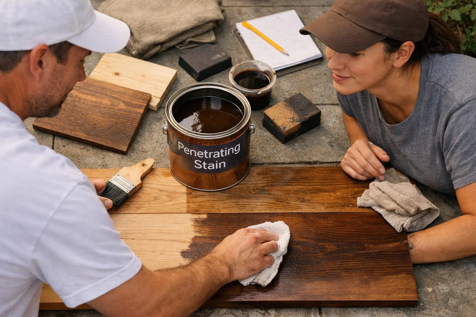 Two people stain a wooden board outdoors, with a paintbrush, cloths, and an open can labeled “Penetrating Stain” nearby