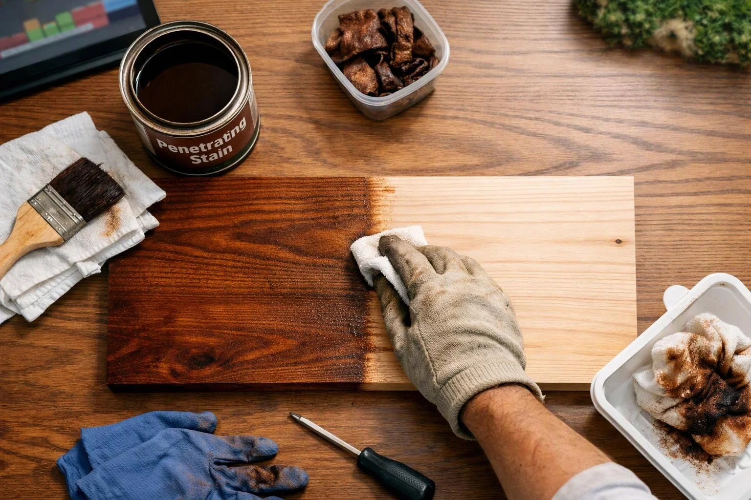A gloved hand wipes wood stain onto a plank on a workbench beside a brush, rag, and open stain can