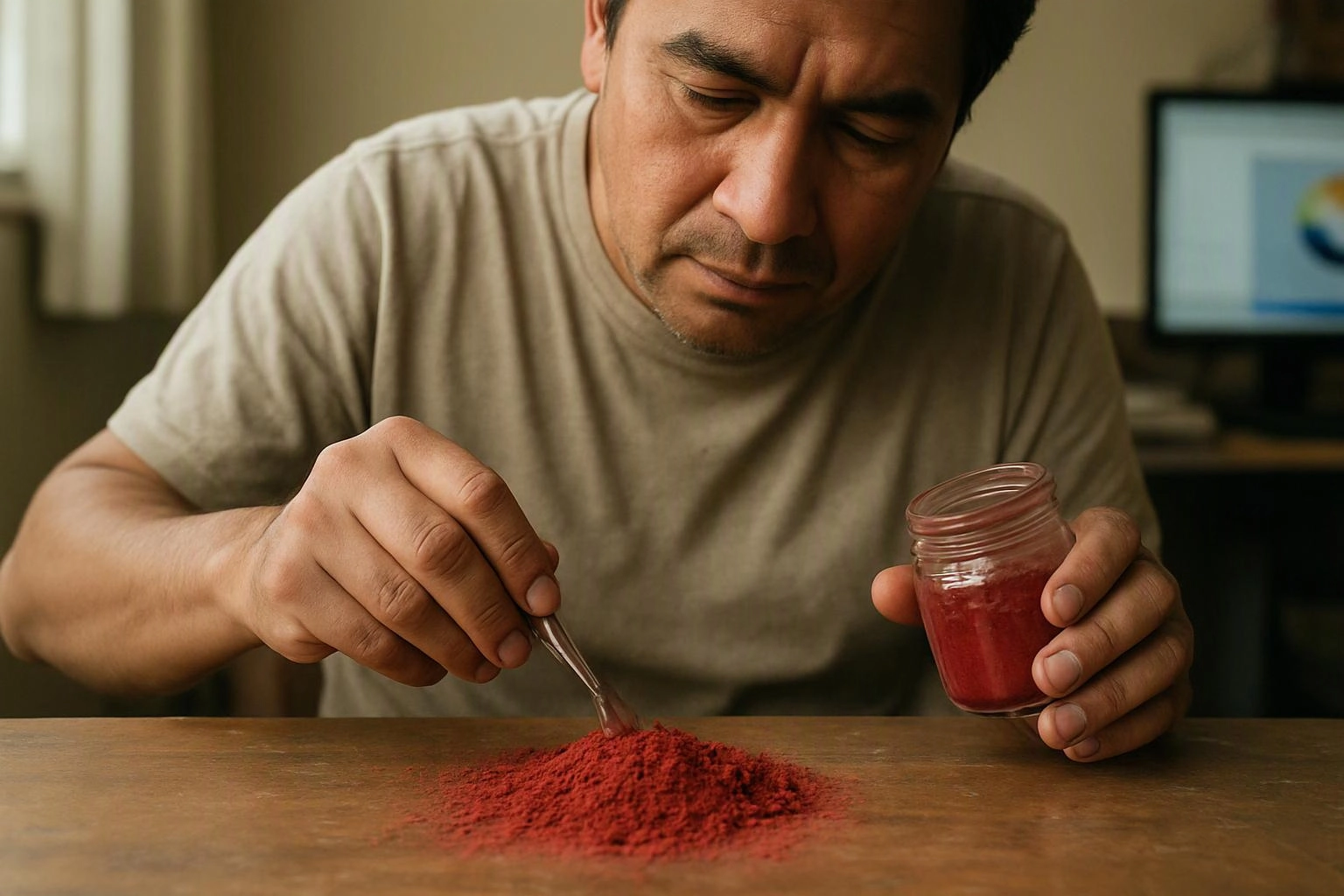 A man in a beige shirt mixes bright red powder on a table with a spoon while holding a small jar