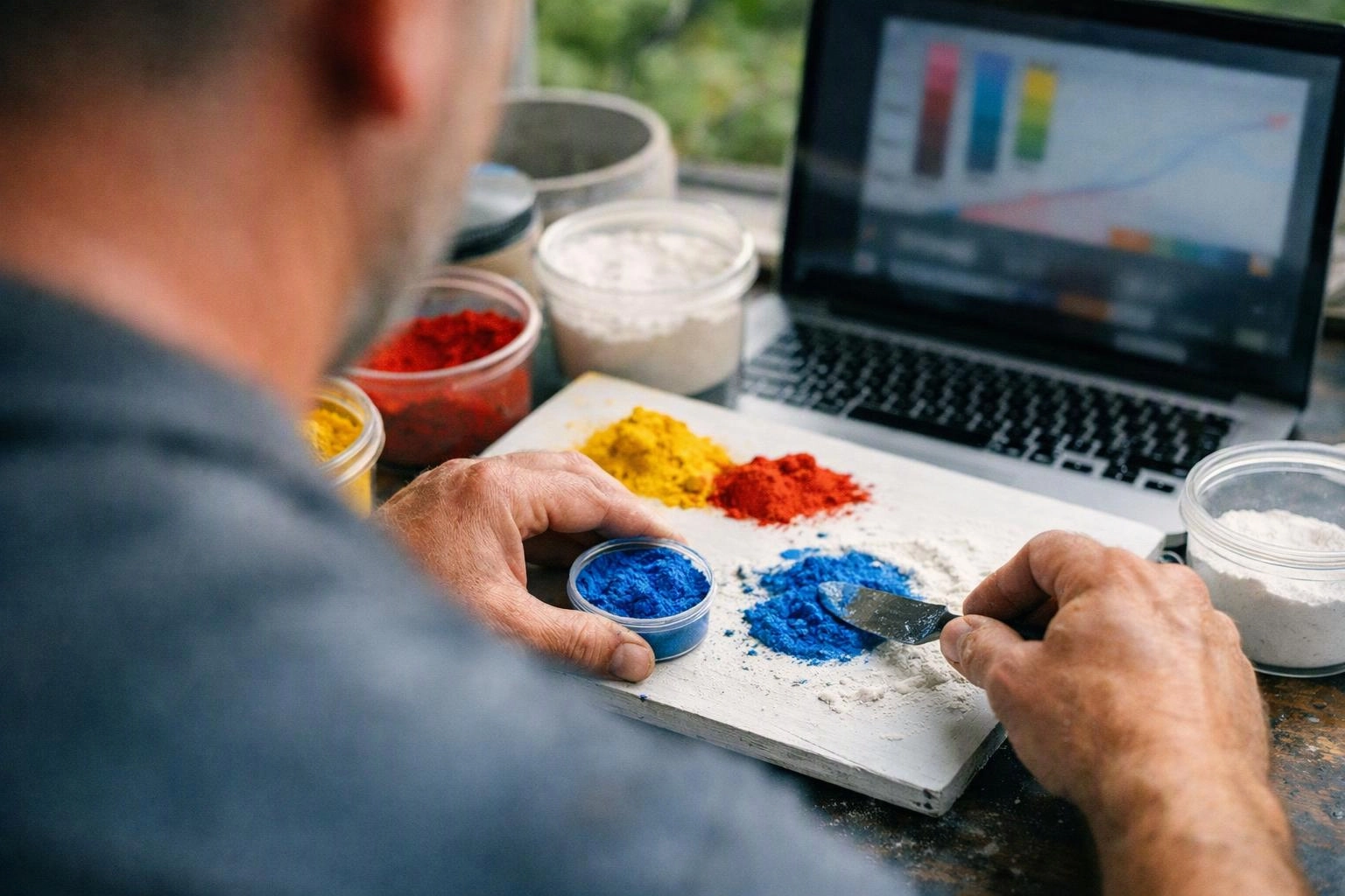 A person mixes bright powder pigments on a board beside a laptop on a worktable