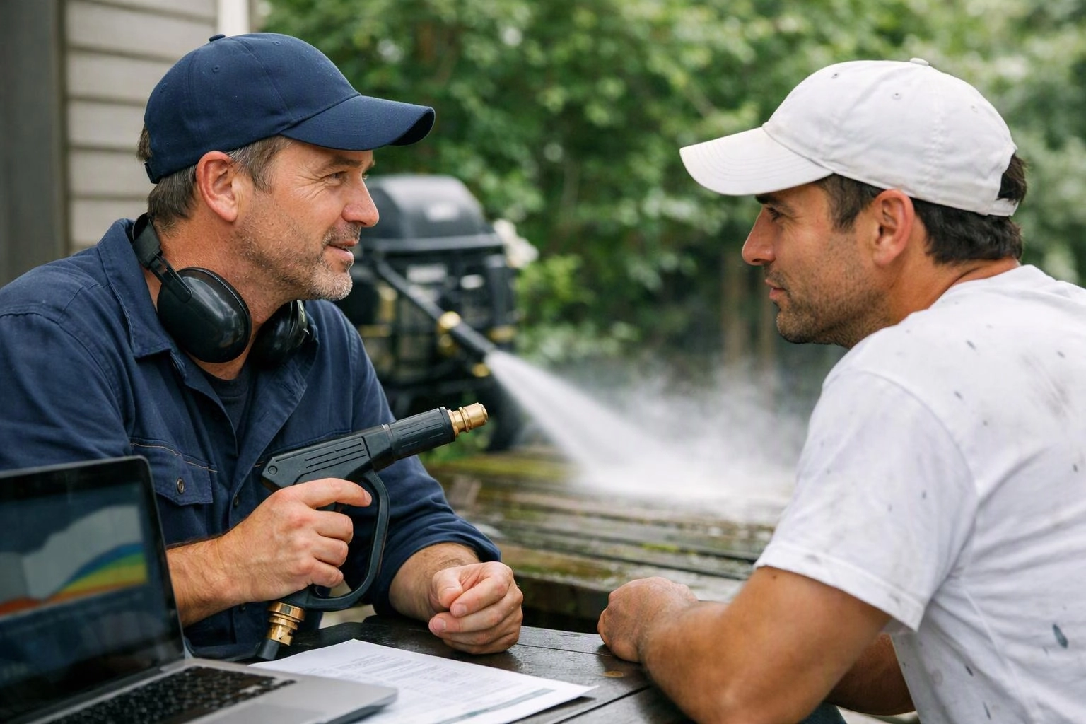 Two men in caps talk beside a table while one holds a pressure washer nozzle and water sprays behind them