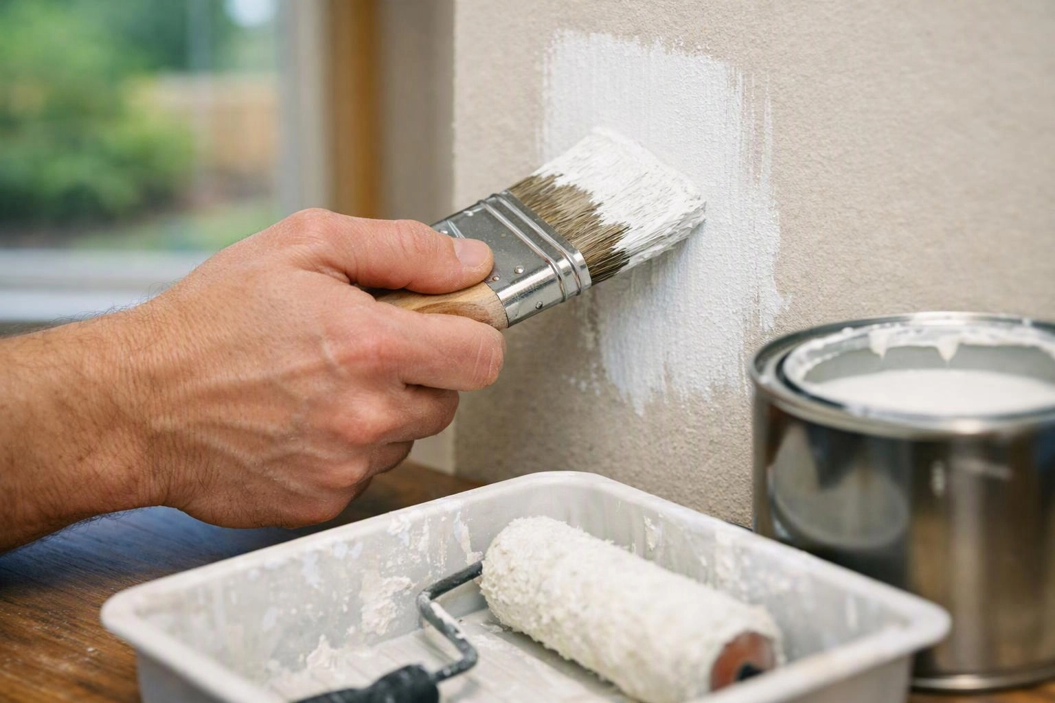 A hand paints a beige wall white with a brush beside a paint tray and can