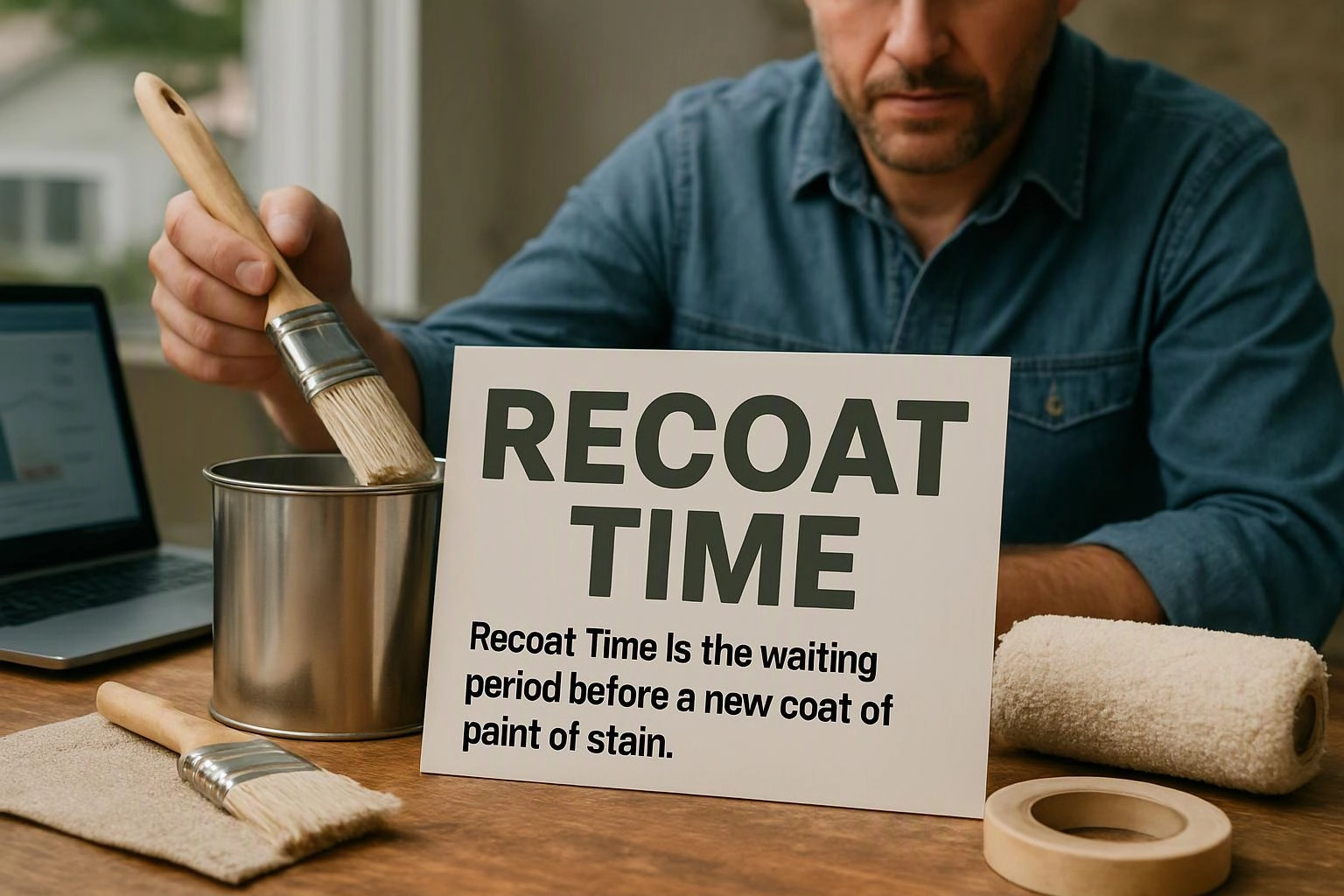 A man holds a paintbrush over a metal can beside a sign reading “RECOAT TIME” on a wooden table