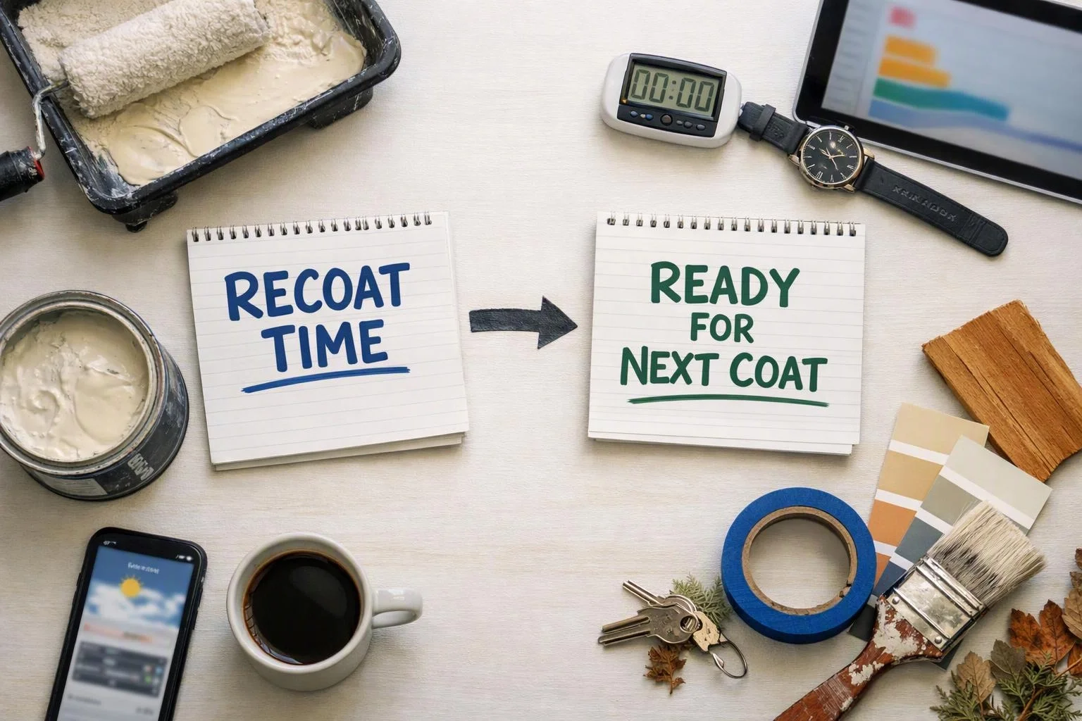 Painting supplies surround two notepads saying “RECOAT TIME” and “READY FOR NEXT COAT” with an arrow between them