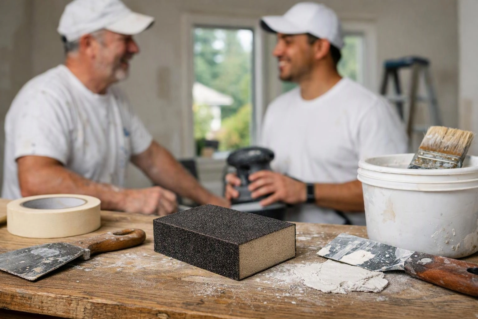 Two painters in white caps talk in a room with tools, a paint bucket, and a dusty workbench