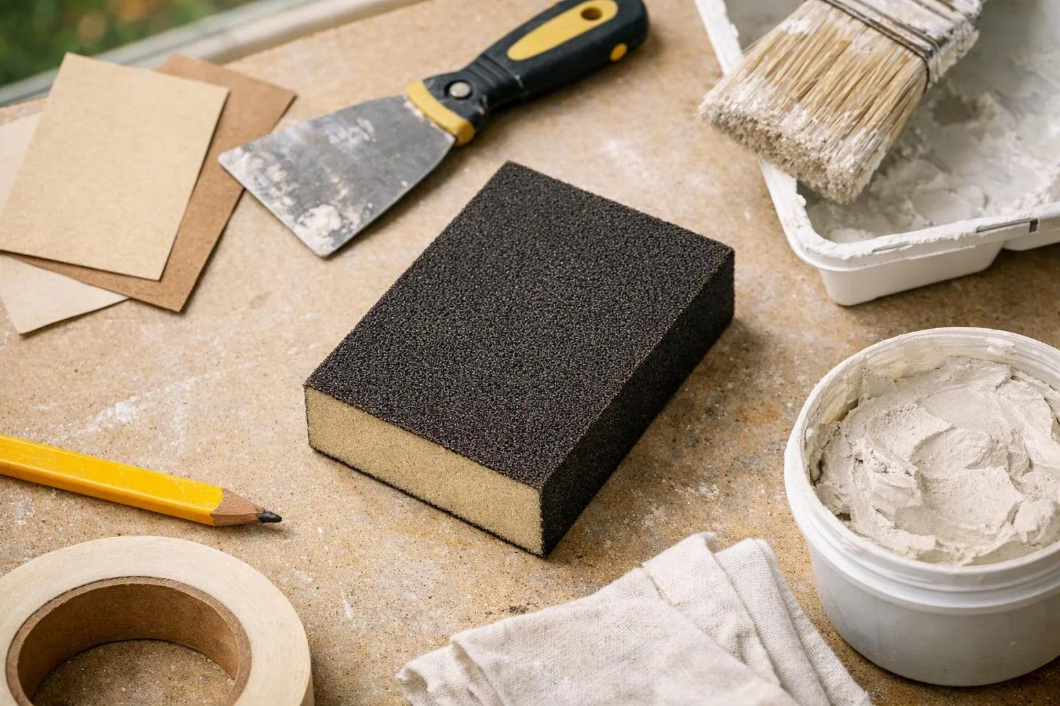 A sandpaper block sits among a scraper, brush, pencil, tape, and putty on a dusty work surface