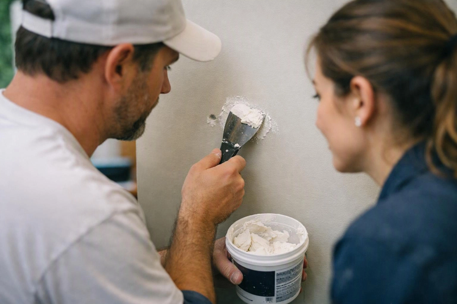 A man spreads white compound on a wall while a woman watches nearby indoors