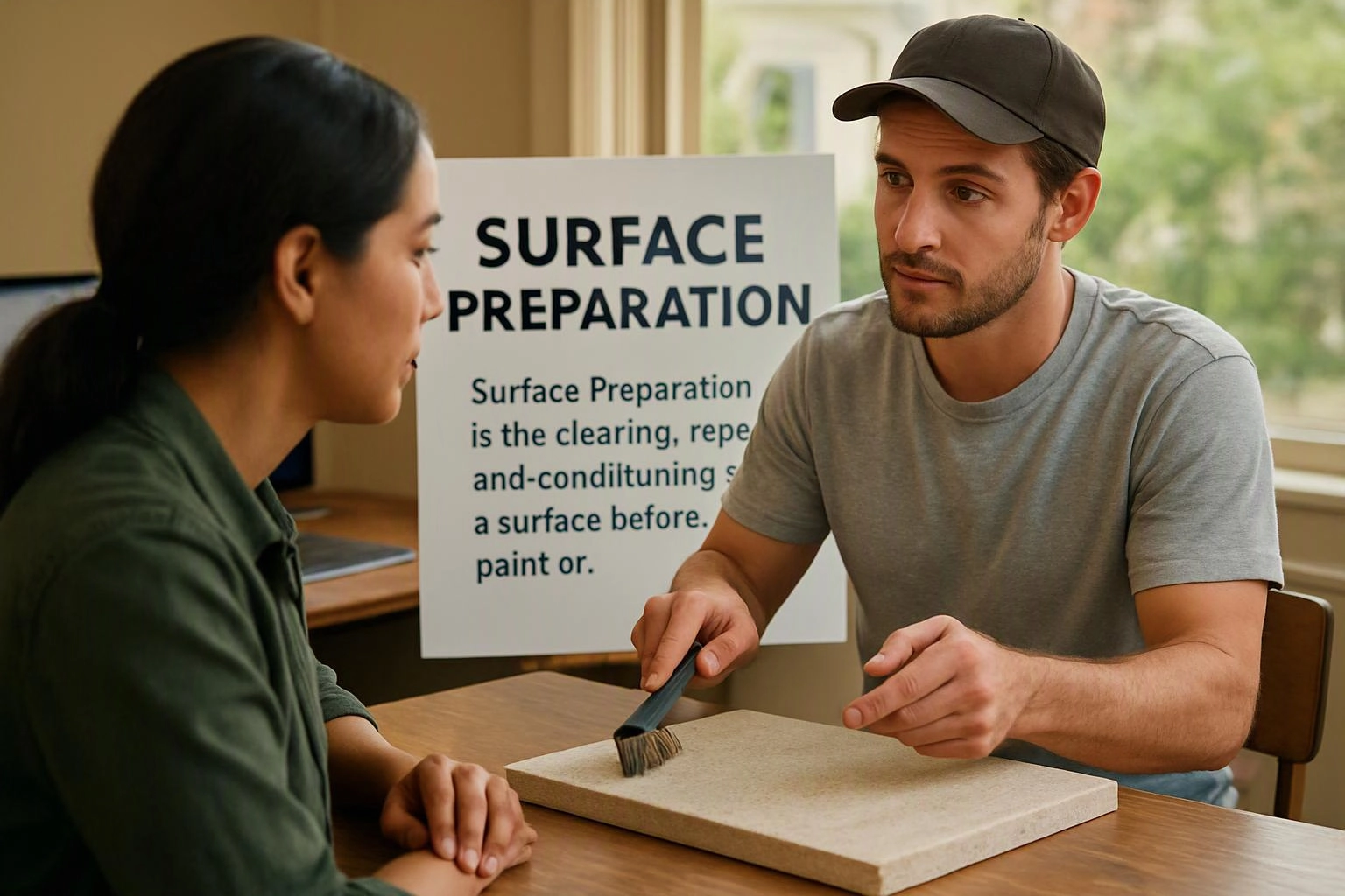 A man brushes a sample board while speaking to a woman, with a surface preparation sign behind them