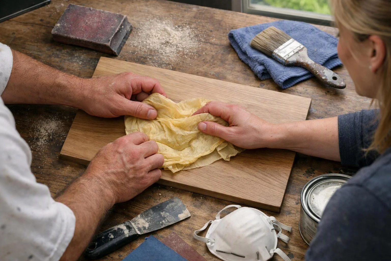 Two people press a wrinkled cloth onto a wooden board at a dusty workbench with tools nearby