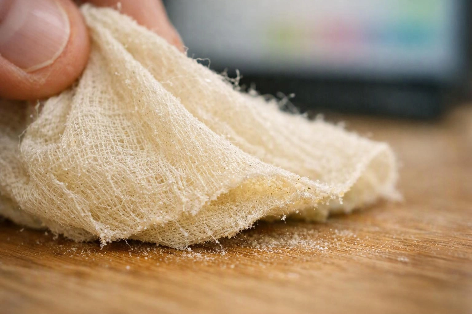 A hand holds a gauze cloth over a wooden surface with fine powder scattered around