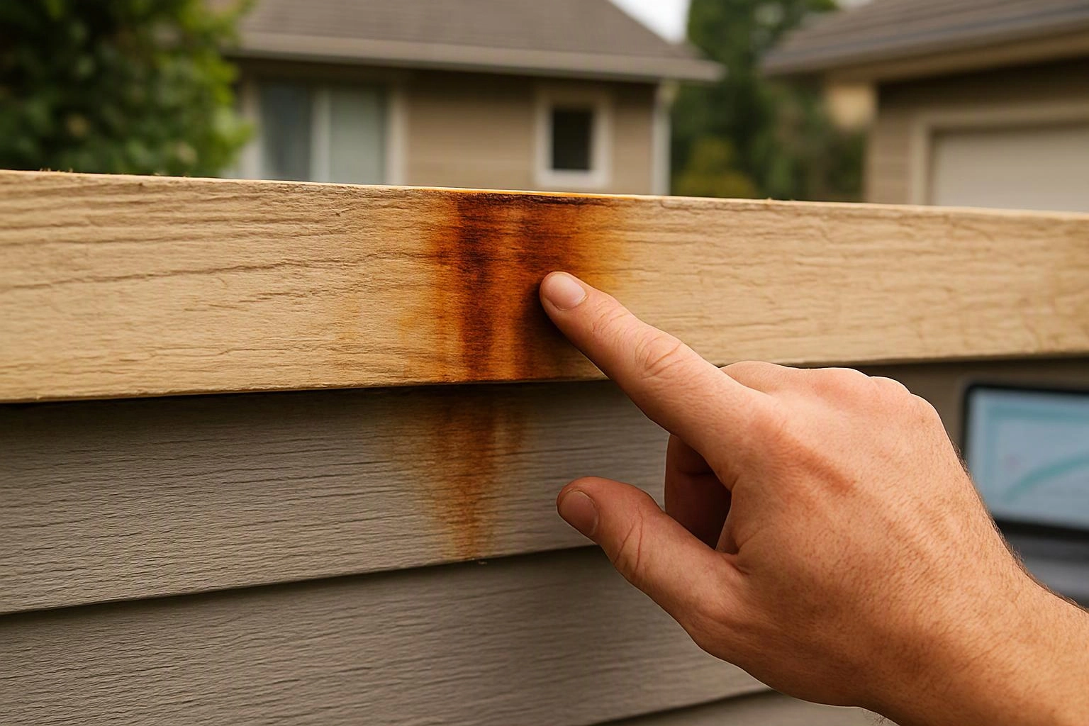 A hand points at a rust-stained wooden board on a house exterior with blurred homes in the background
