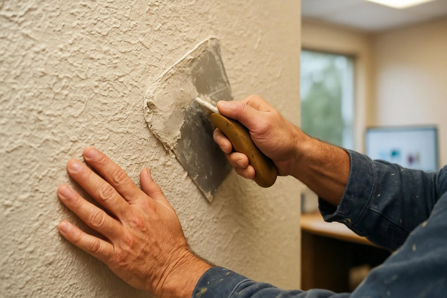 A worker spreads plaster on a textured wall with a trowel in a room