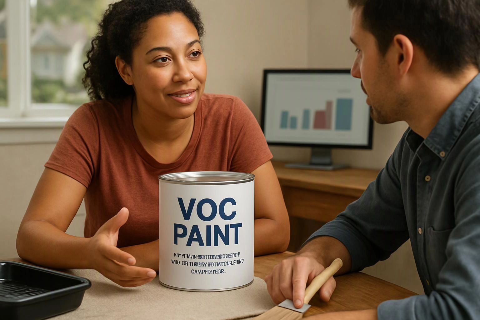 Two people talk at a table with a large VOC paint can between them in a home office setting