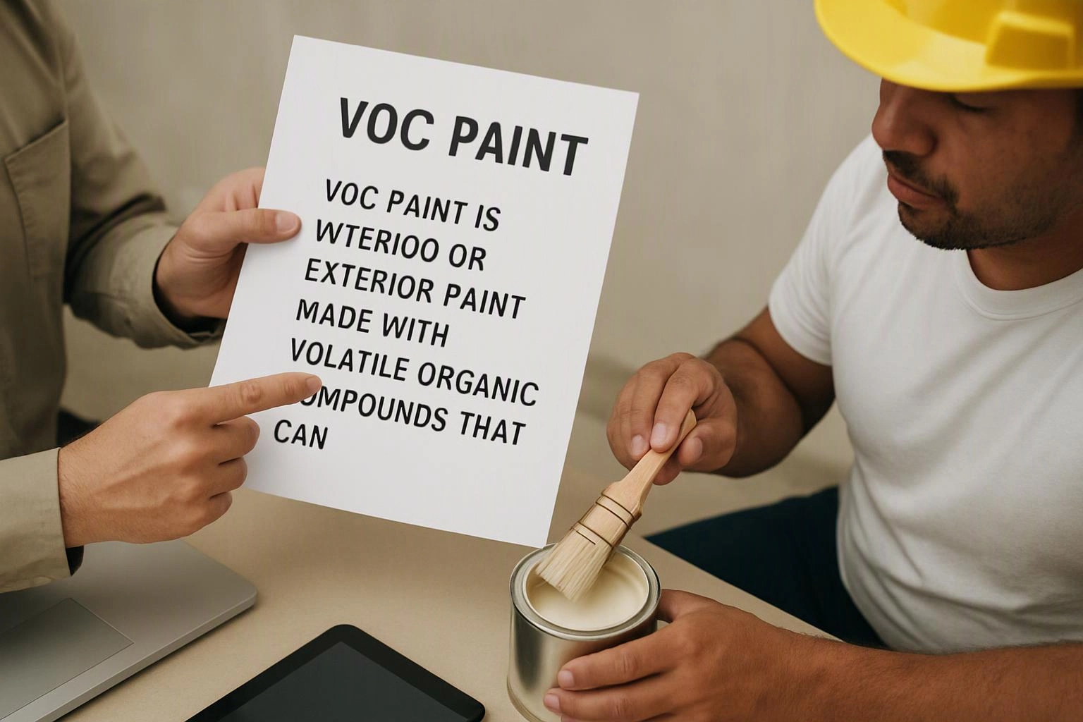 Two men review a VOC paint sign while one holds a brush over an open paint can at a table