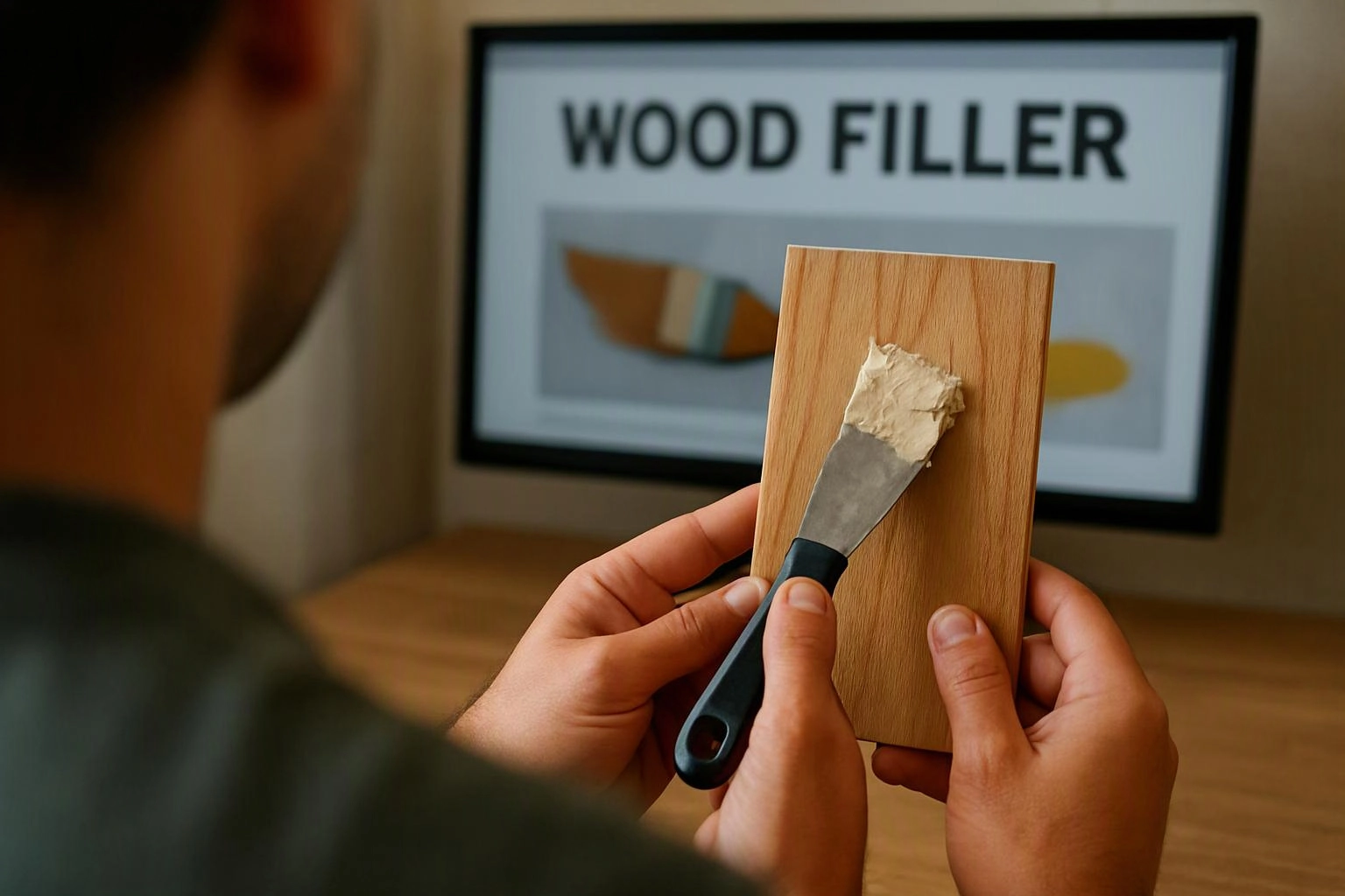 A person spreads wood filler on a wooden board while a screen in the background reads "WOOD FILLER"
