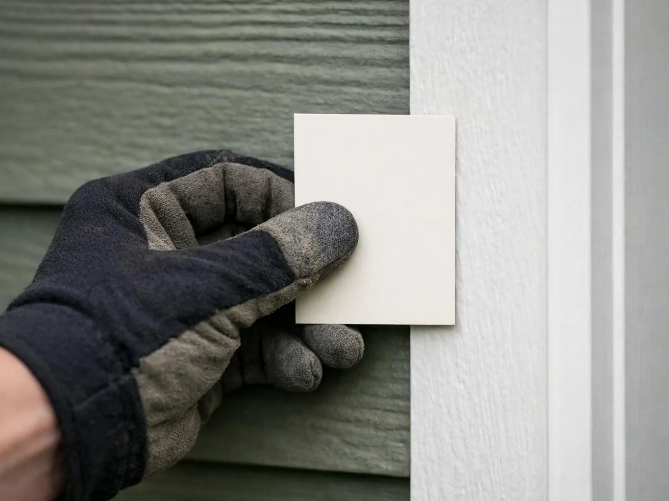 A gloved hand holds a blank white card against green siding beside a white door frame