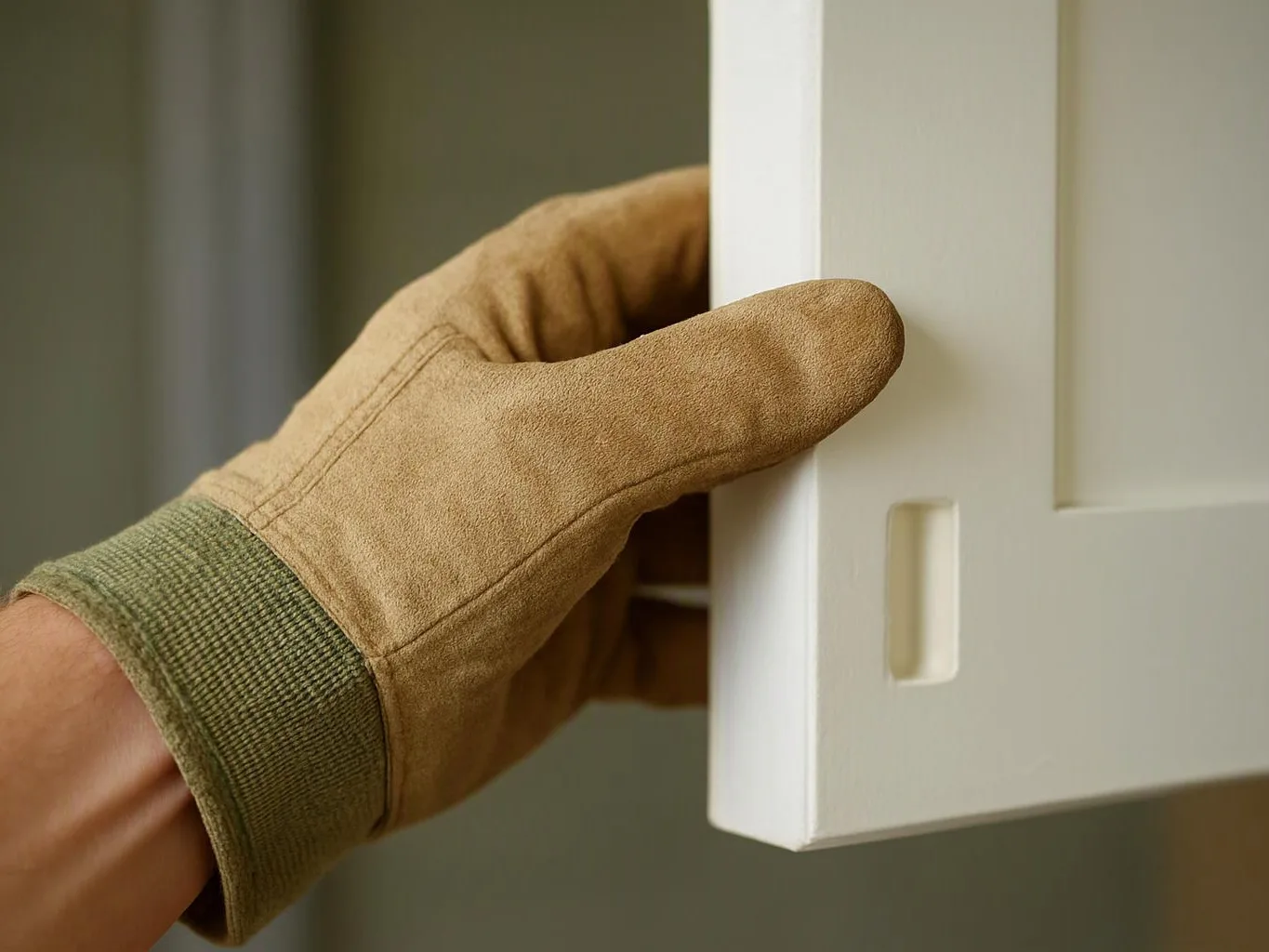 A gloved hand holds the edge of a white cabinet door against a blurred indoor background
