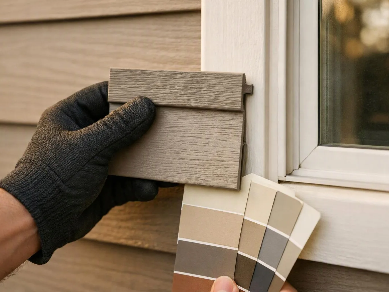 A gloved hand holds a gray siding sample beside a window and color swatches outdoors