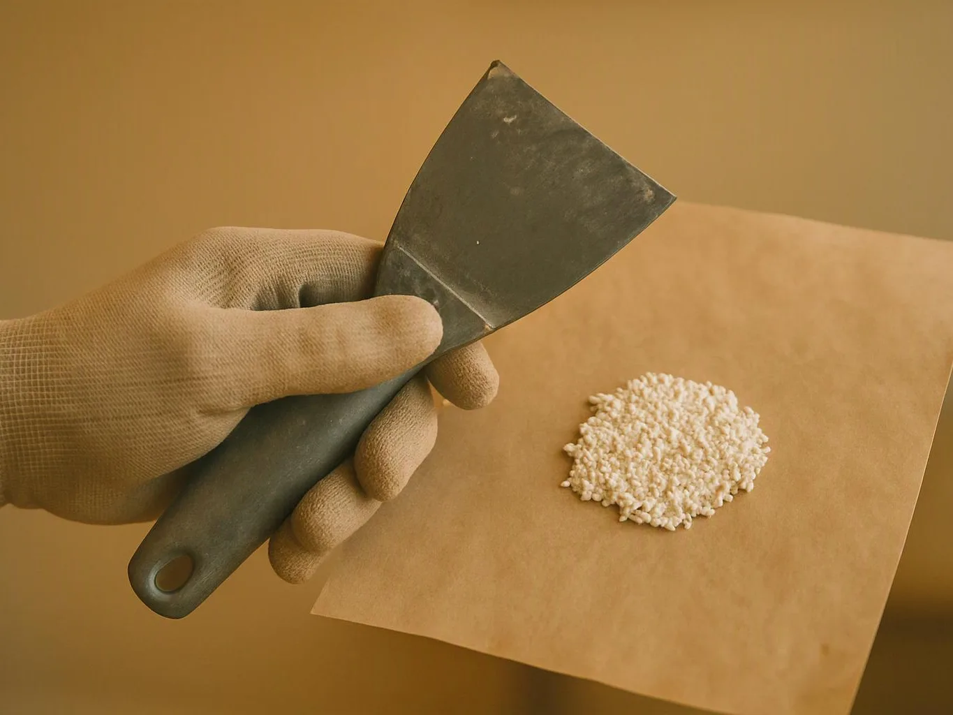 A gloved hand holds a putty knife beside a small pile of white granules on tan paper