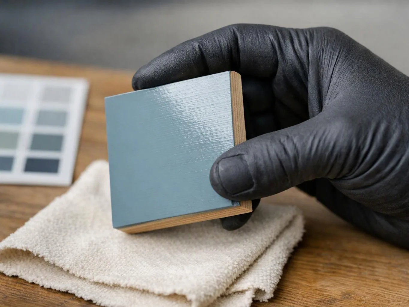 A gloved hand holds a small blue paint sample over a cloth on a wooden table