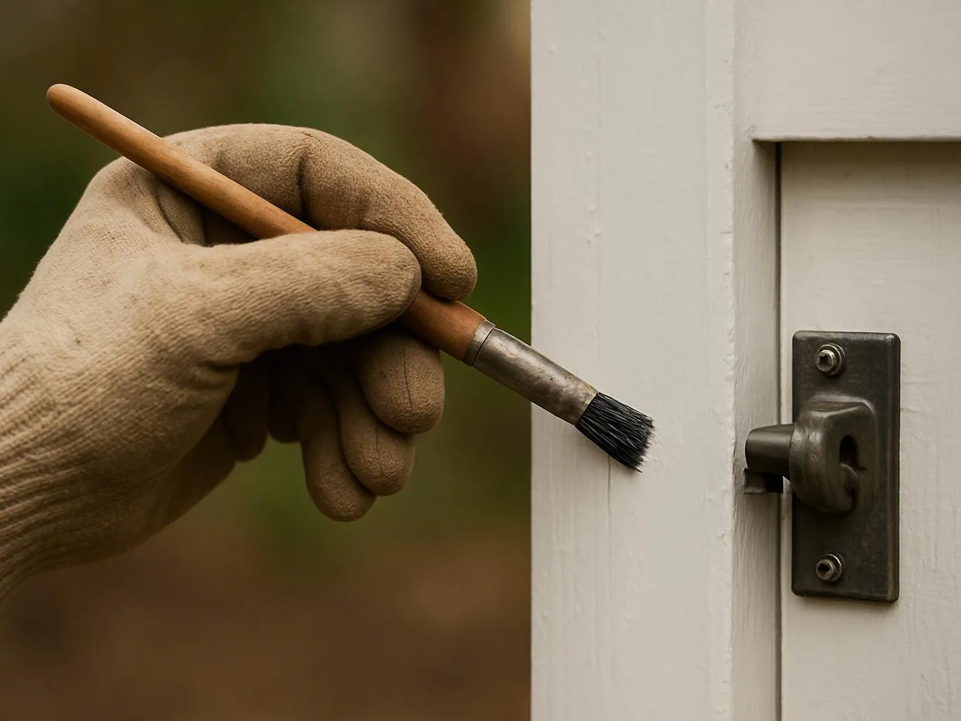 A gloved hand holds a small brush near a white door latch outdoors