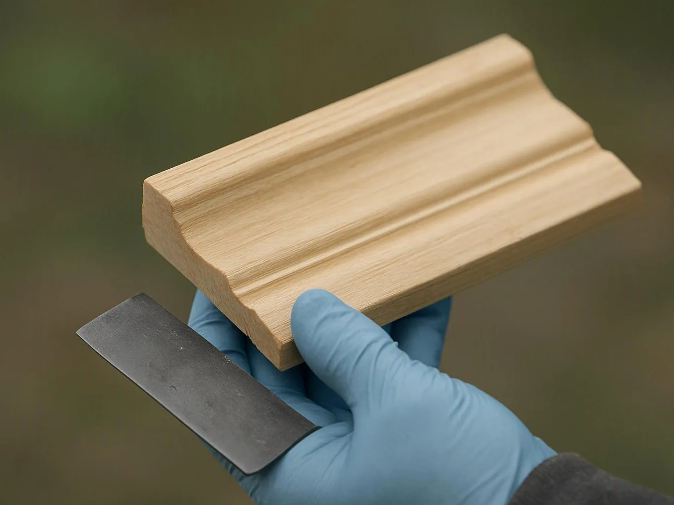 A gloved hand holds a wood molding sample beside a metal scraper against a blurred background