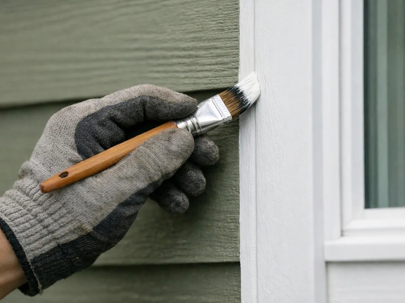 A gloved hand paints white trim beside green siding and a window frame