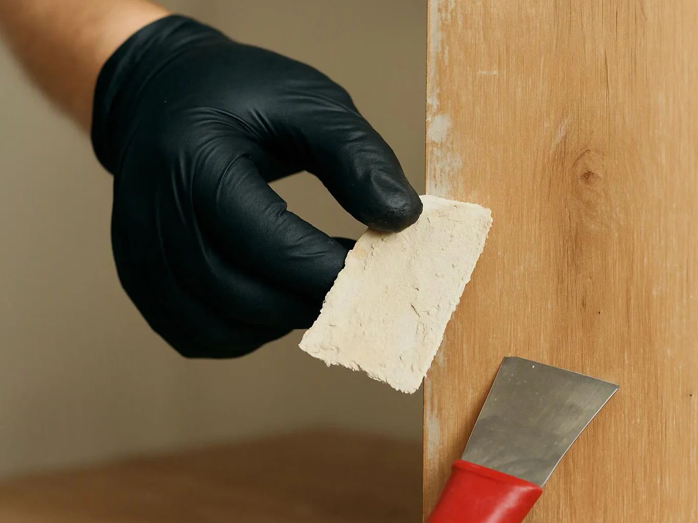 A gloved hand presses a white filler patch onto a wooden board beside a red putty knife