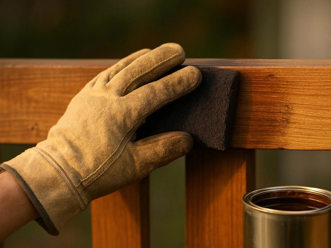 A gloved hand sands a wooden railing beside an open can of stain