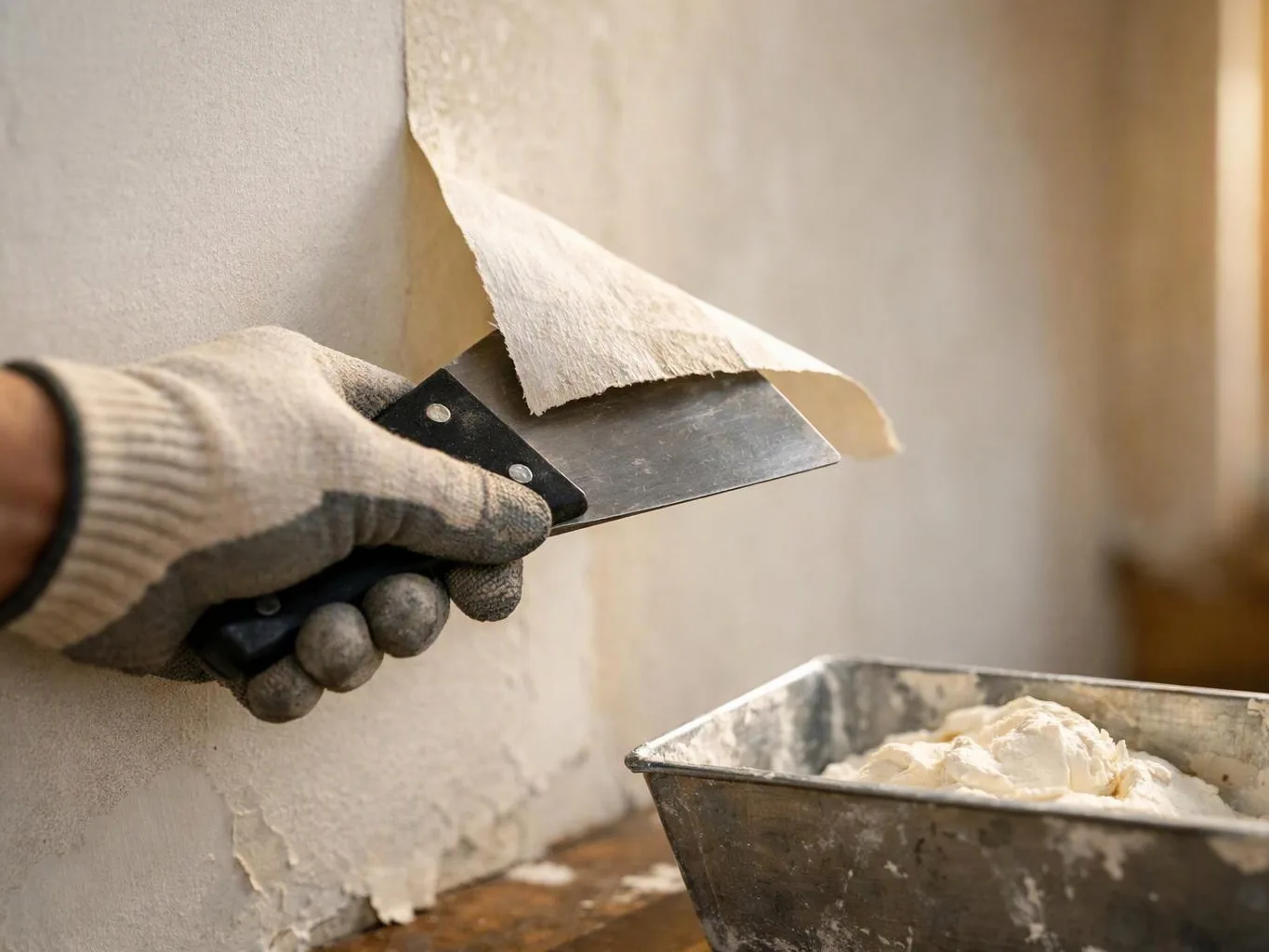 A gloved hand scrapes peeling wall plaster with a putty knife beside a metal tray of compound