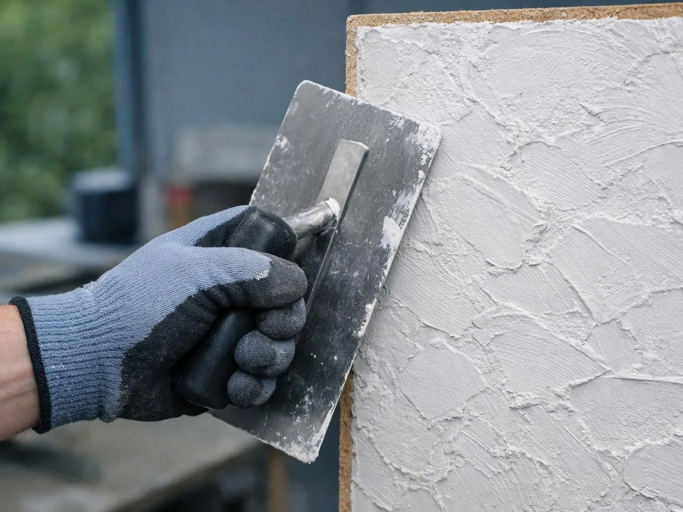 A gloved hand spreads white plaster on a wall with a metal trowel