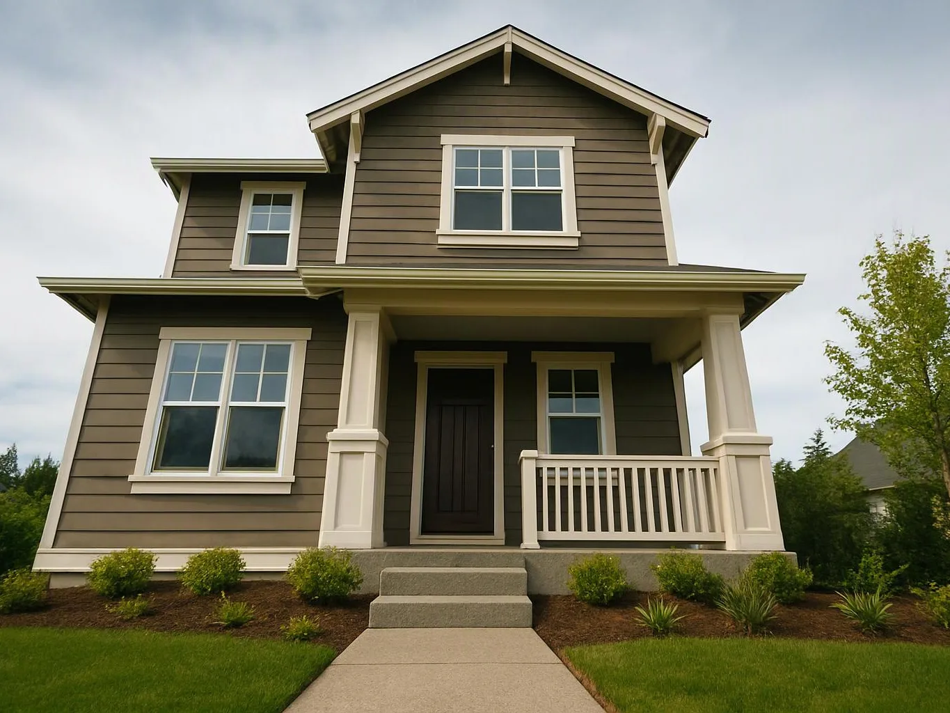 A gray two-story house with white trim stands behind a small porch and front steps
