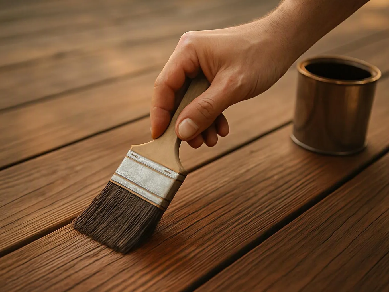 A hand brushes finish onto a wooden tabletop beside a small metal can