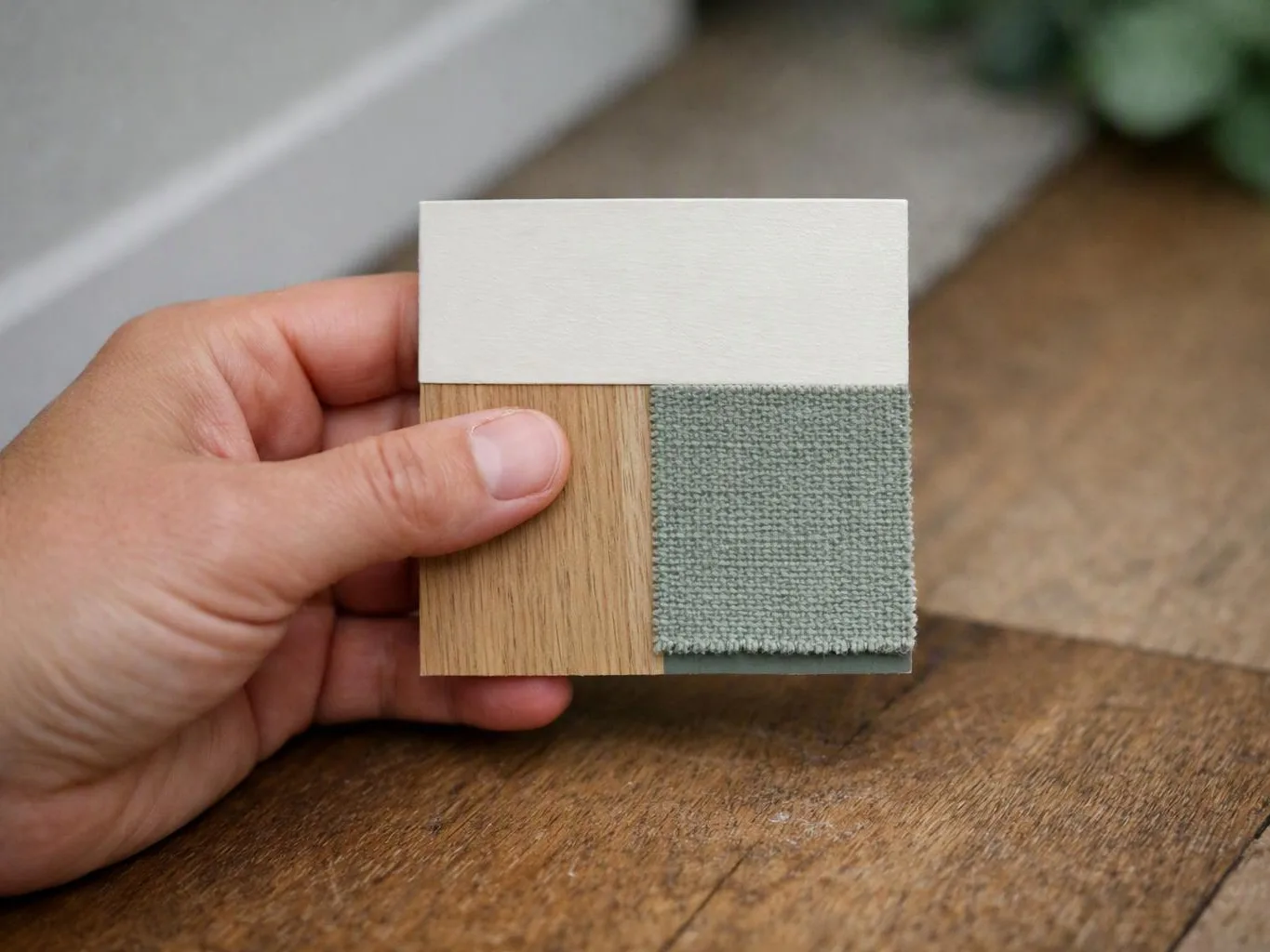 A hand holds a small material sample card with wood, fabric, and a white top swatch on a wooden surface