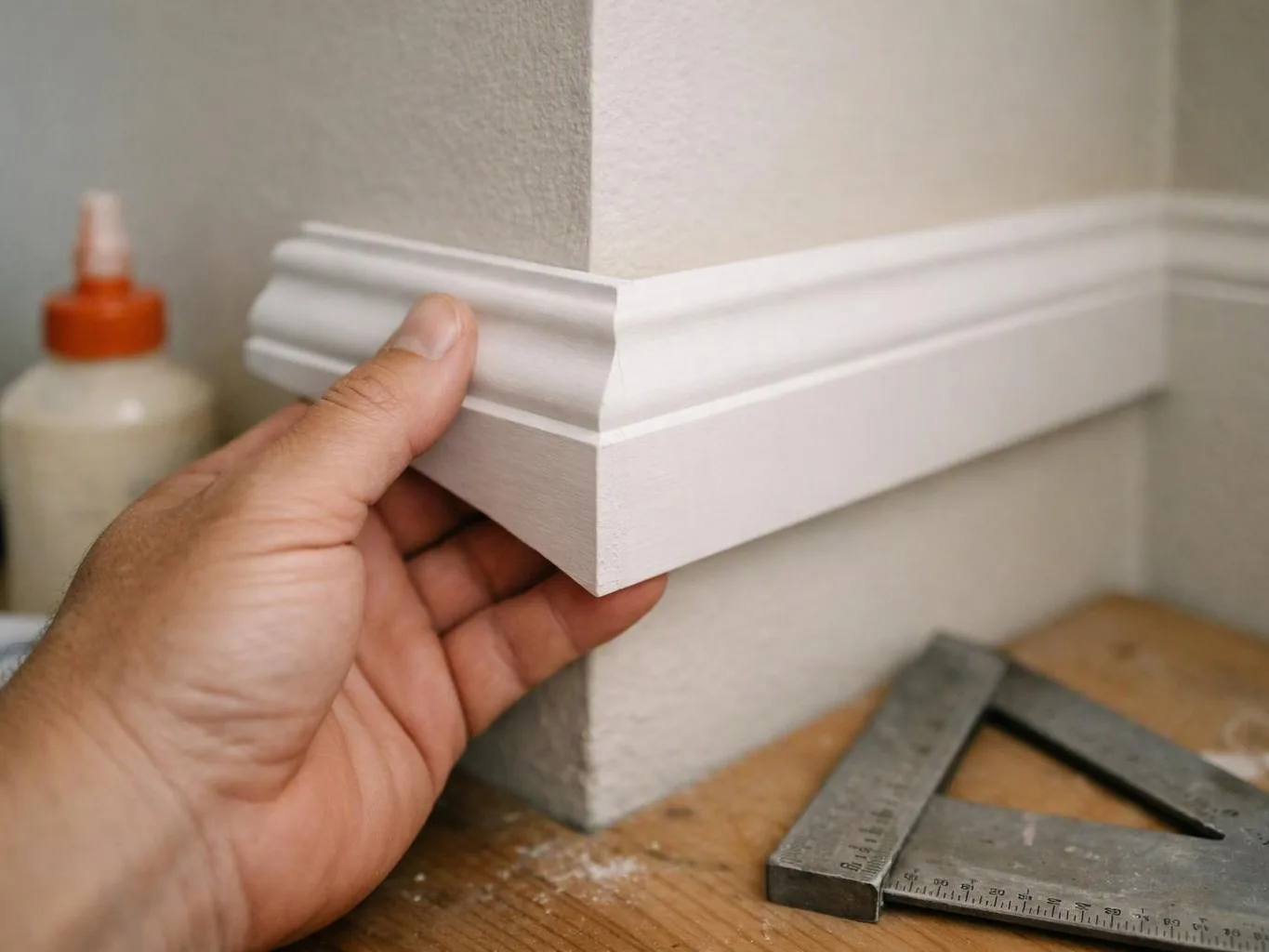 A hand holds white corner molding against a wall, with a square and glue bottle on a workbench