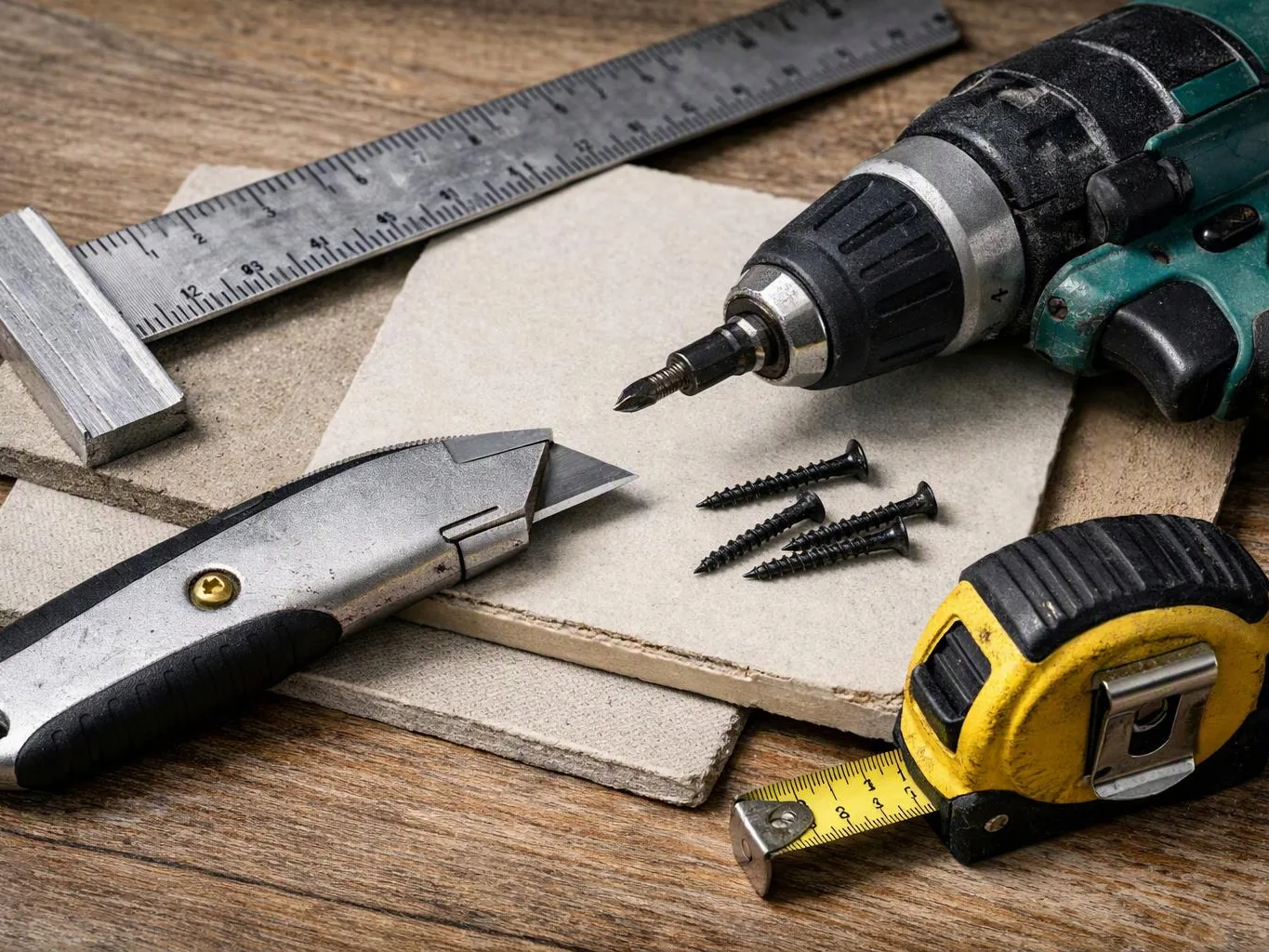 Hand tools and screws sit on tile samples beside a drill, utility knife, ruler, and tape measure on a wooden surface