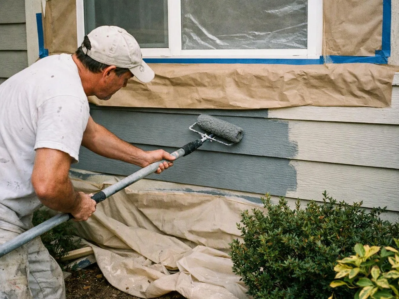 A man paints exterior house siding with a roller while windows and nearby bushes are masked with paper and tape