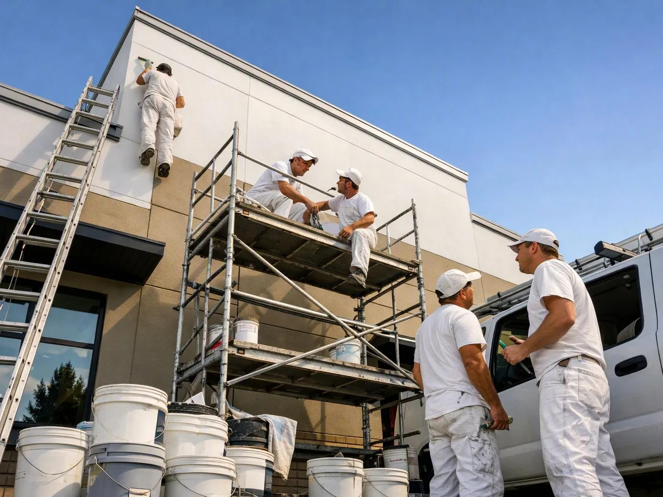 Painters in white work clothes paint a building exterior on scaffolding beside a ladder and a van