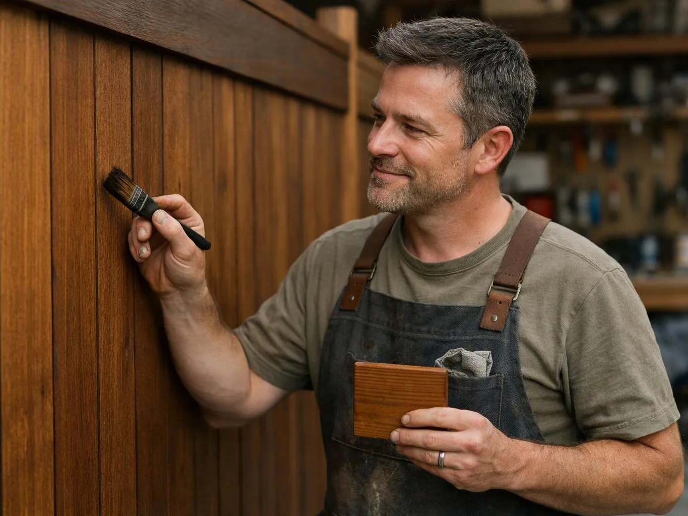 A man in an apron brushes stain onto a wooden fence panel in a workshop setting