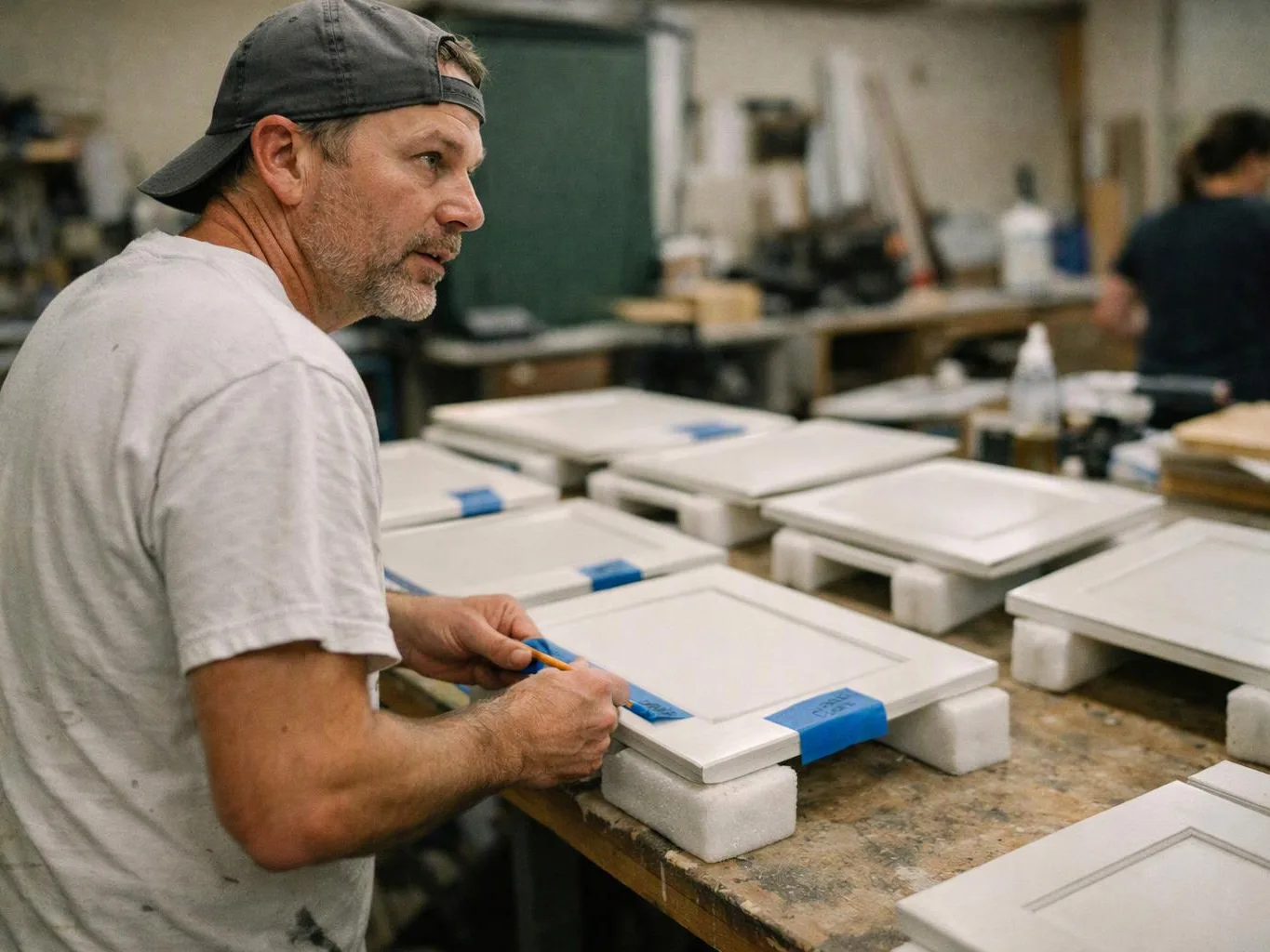 A man in a backward cap measures white cabinet doors on a workshop table