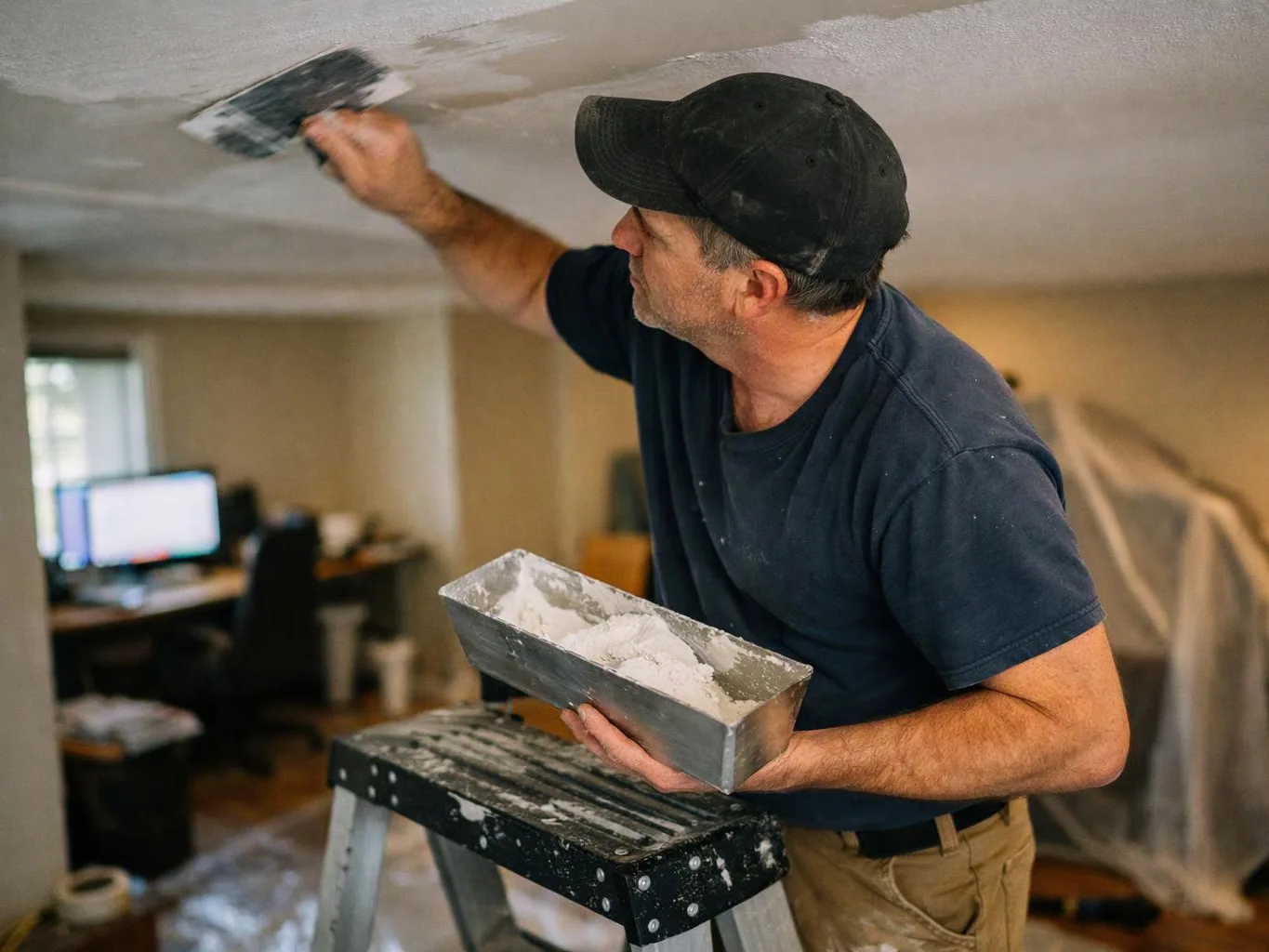 A man in a black cap applies plaster to a ceiling while holding a hawk in a room under renovation