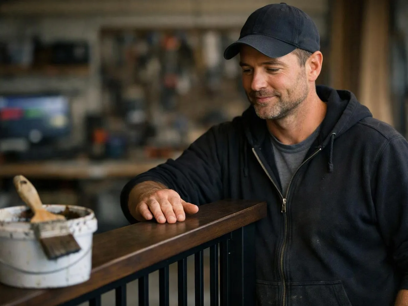 A man in a black cap and hoodie rests his hand on a wooden railing in a workshop