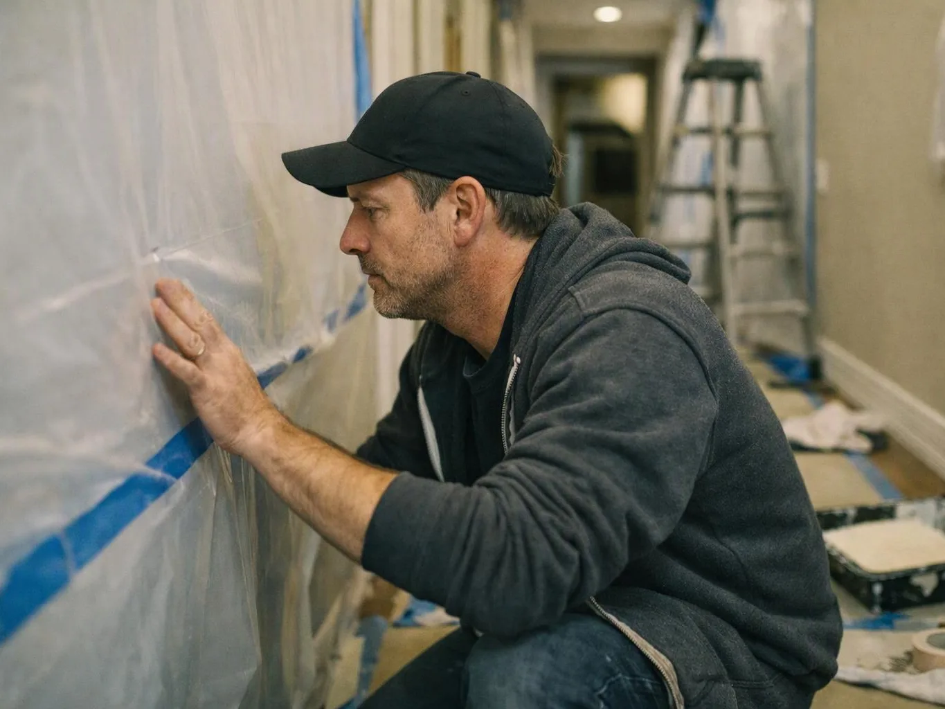 A man in a black cap smooths plastic sheeting with blue tape along a hallway wall