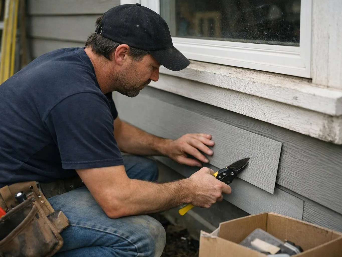 A man in a cap cuts gray siding beside a window on a house exterior