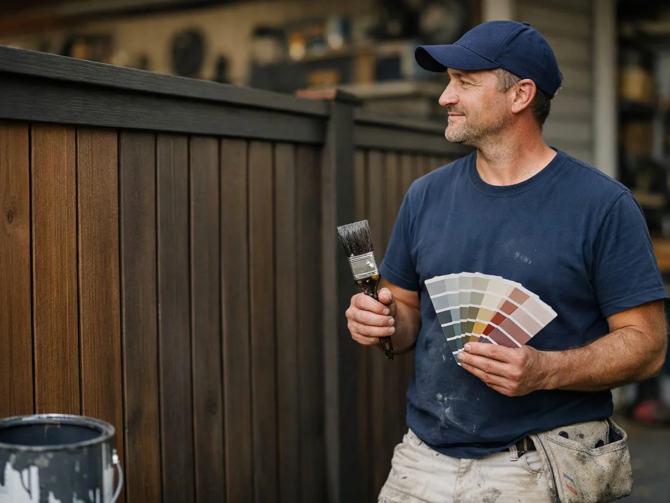 A man in a cap holds a paintbrush and color swatches beside a newly stained wooden fence