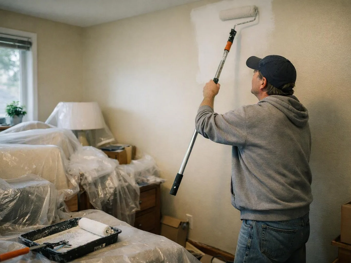 A man in a cap paints a bedroom wall with a roller while furniture sits covered in plastic