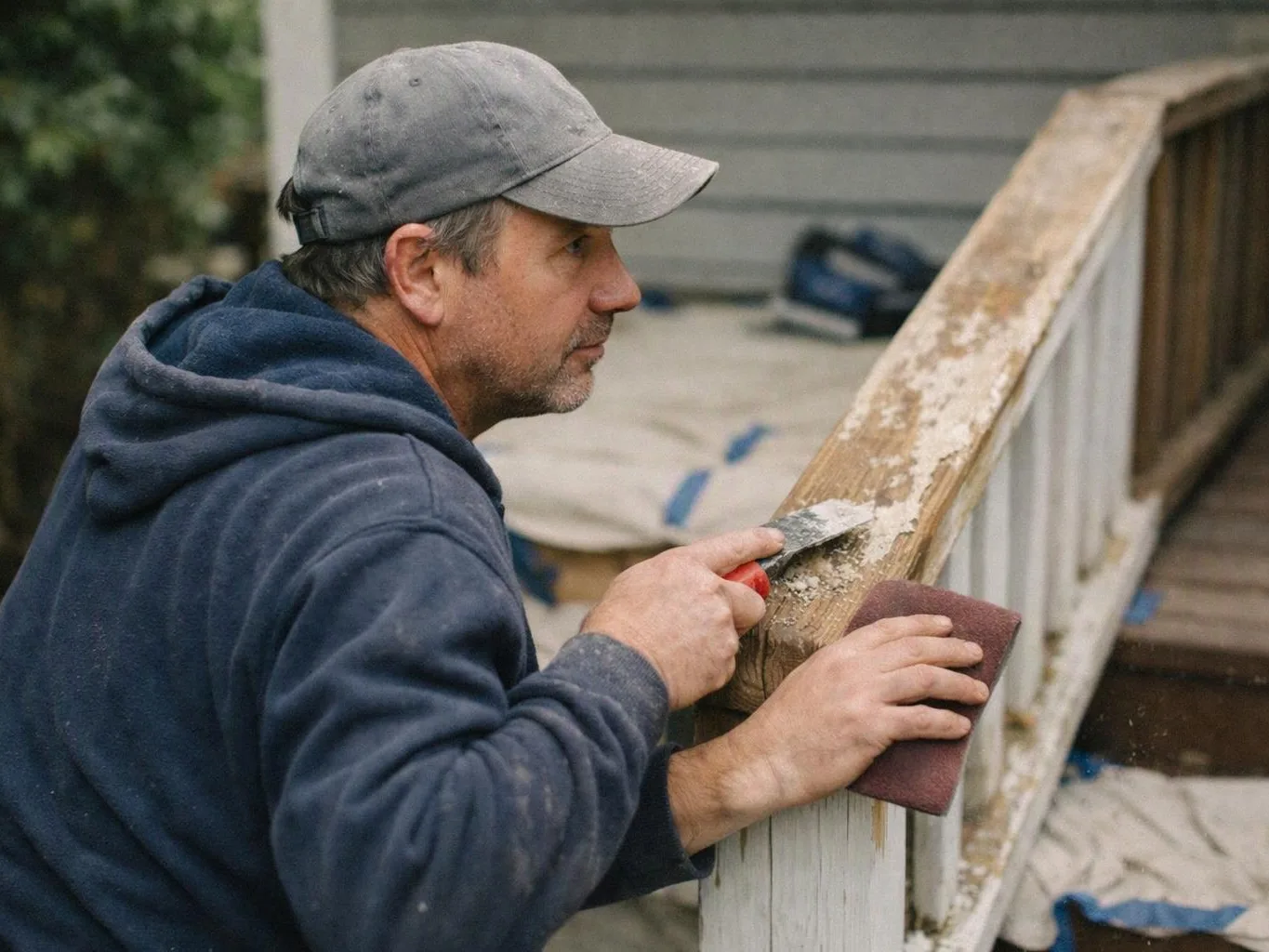 A man in a cap sands a weathered wooden railing on an outdoor porch